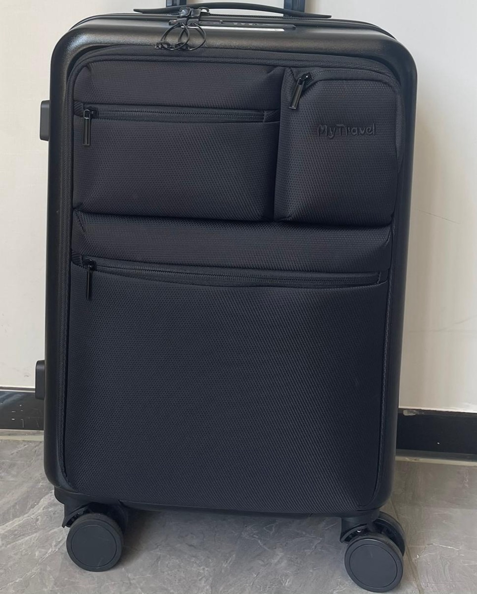 K07 hybrid luggage with fabric front pockets